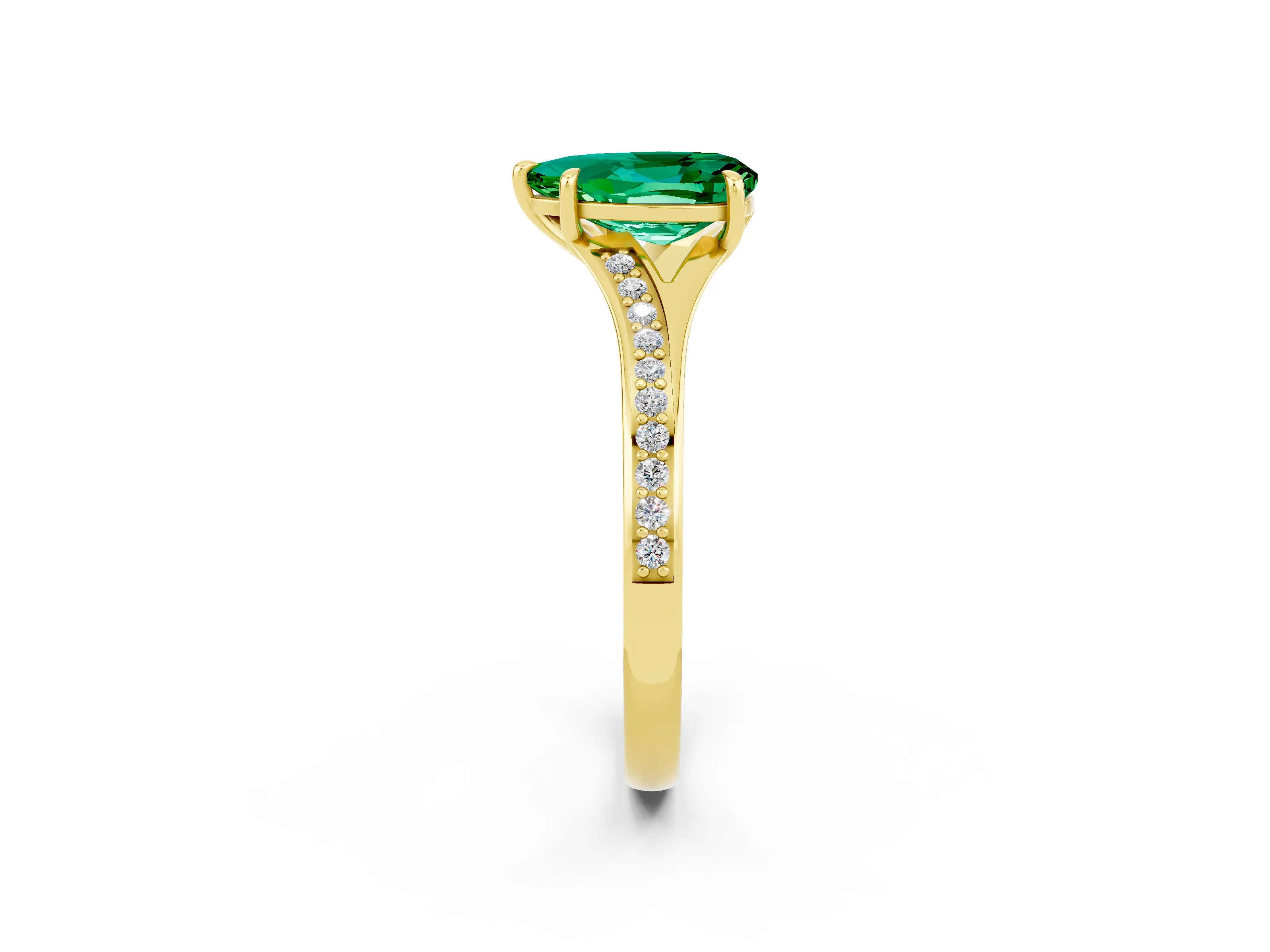 Yellow gold Pear Cut Emerald Solitaire Ring with Pavé Band and Prong Setting_14