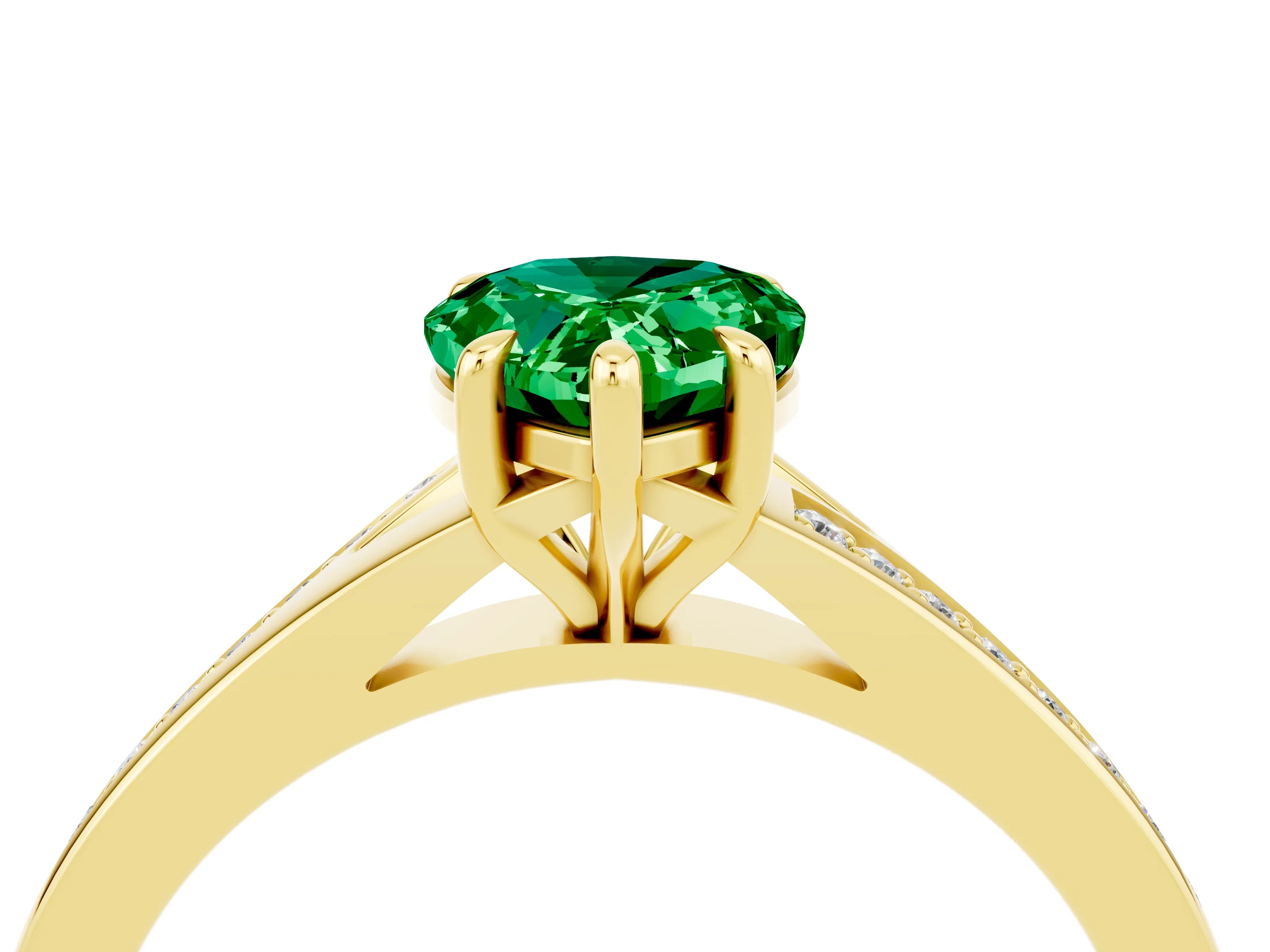 Yellow gold Pear Cut Emerald Solitaire Ring with Pavé Band and Prong Setting_16
