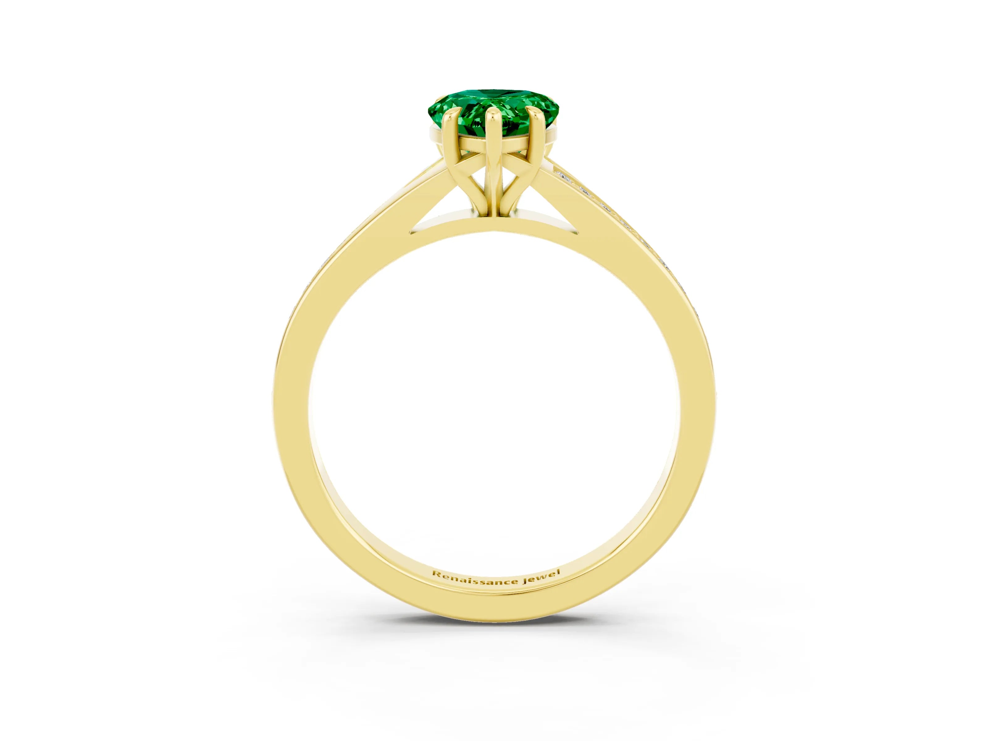 Yellow gold Pear Cut Emerald Solitaire Ring with Pavé Band and Prong Setting_3