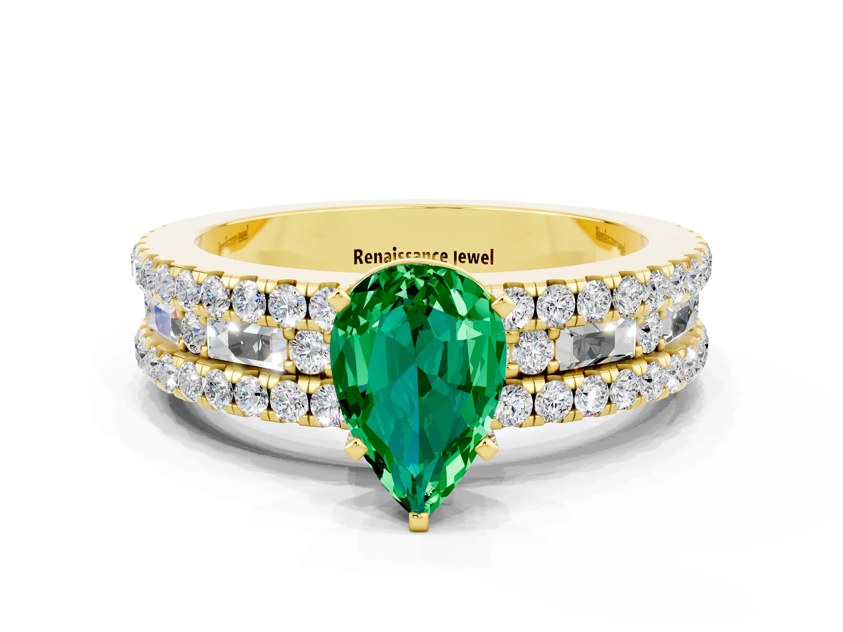 Yellow gold Pear Cut Emerald Solitaire Ring with Pavé and Channel Set Band