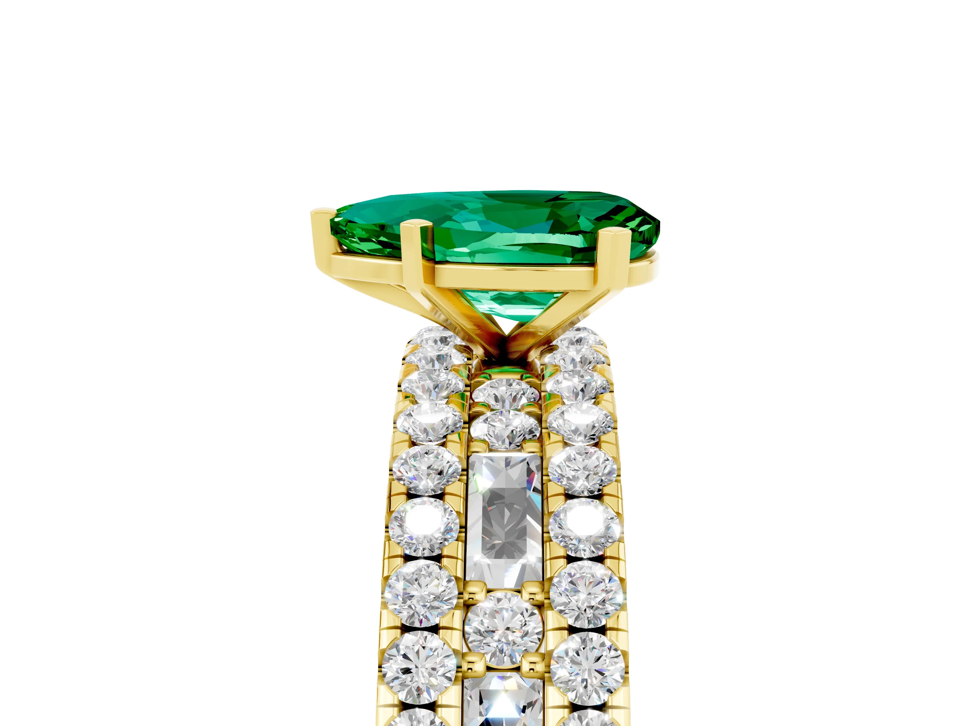 Yellow gold Pear Cut Emerald Solitaire Ring with Pavé and Channel Set Band_5