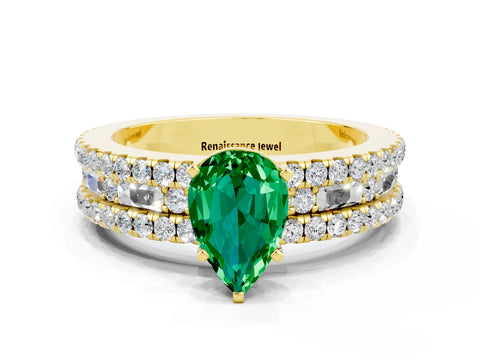 Yellow gold Pear Cut Emerald Solitaire Ring with Pavé and Channel Set Band