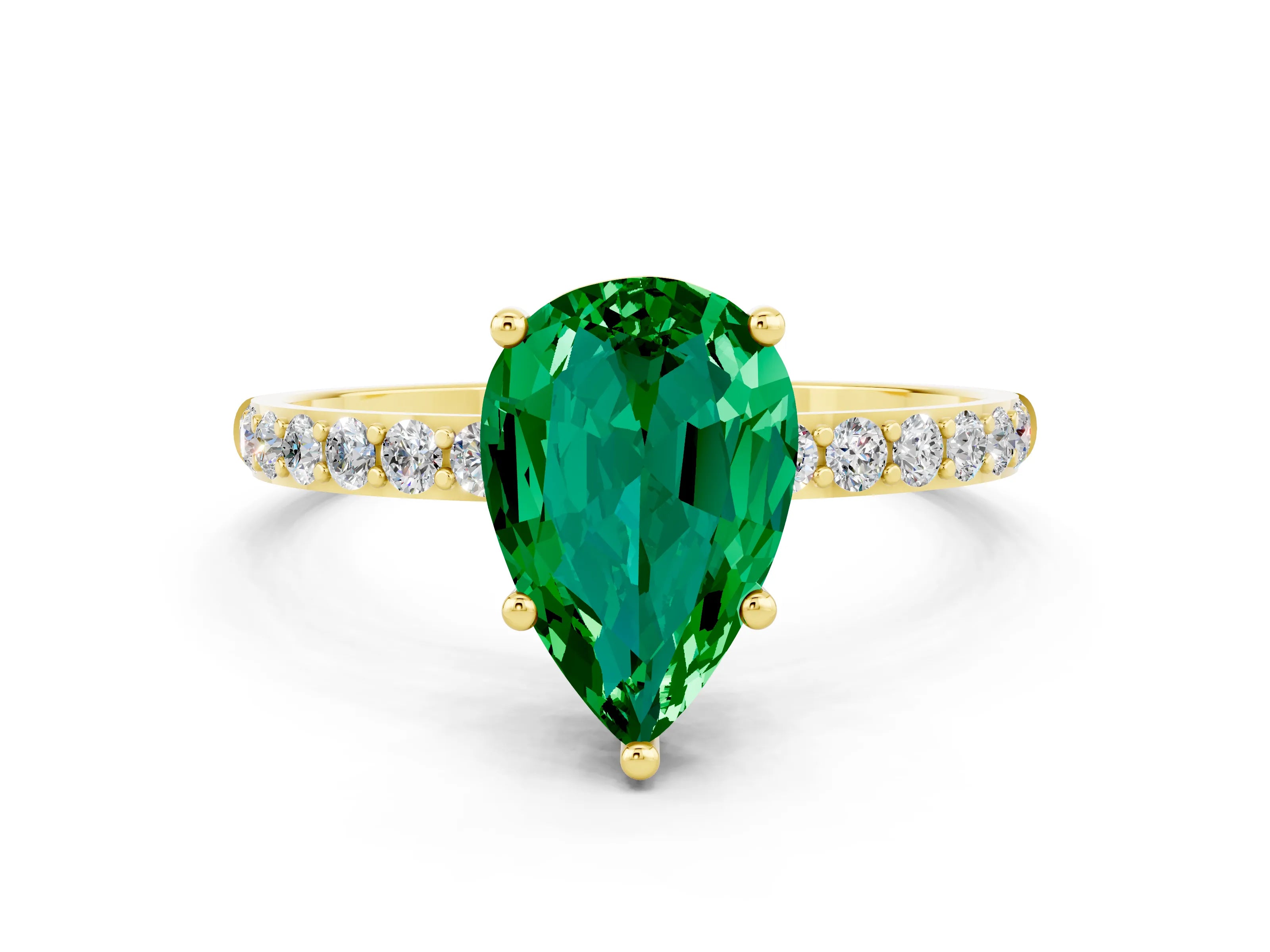 Yellow gold Pear Cut Emerald Solitaire Ring with Pave Band and Four Prong Setting_24