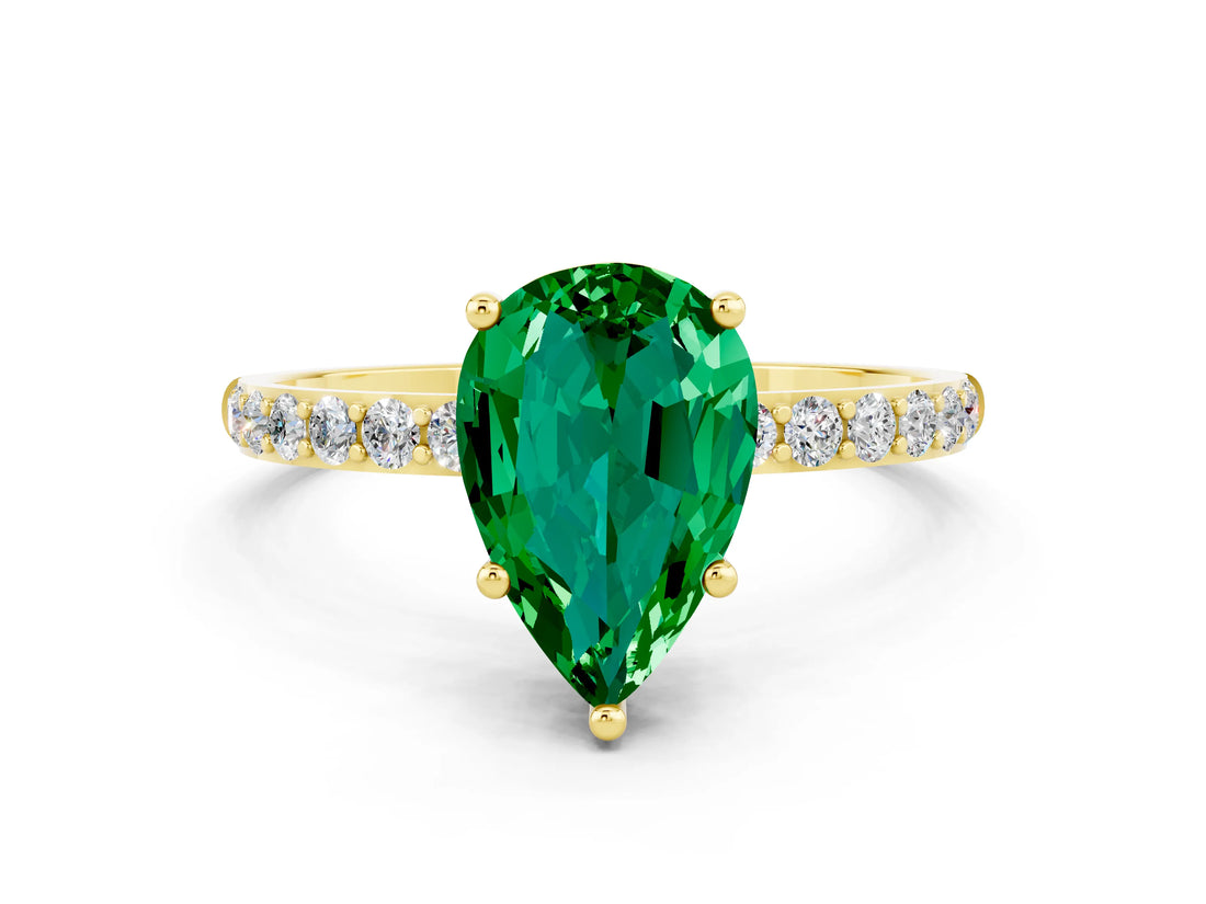 Yellow gold Pear Cut Emerald Solitaire Ring with Pave Band and Four Prong Setting_24