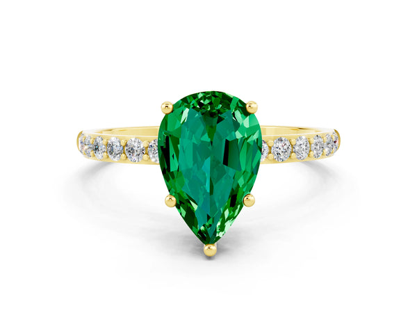 Yellow gold Pear Cut Emerald Solitaire Ring with Round  Pavé Band and Prong Setting