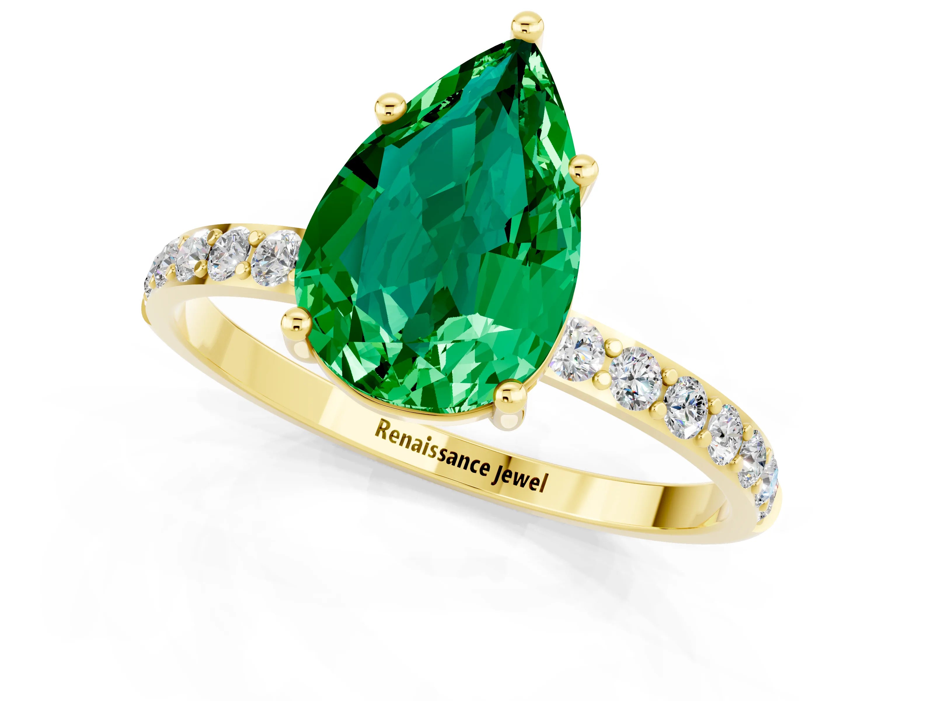 Yellow gold Pear Cut Emerald Solitaire Ring with Pave Band and Four Prong Setting_25