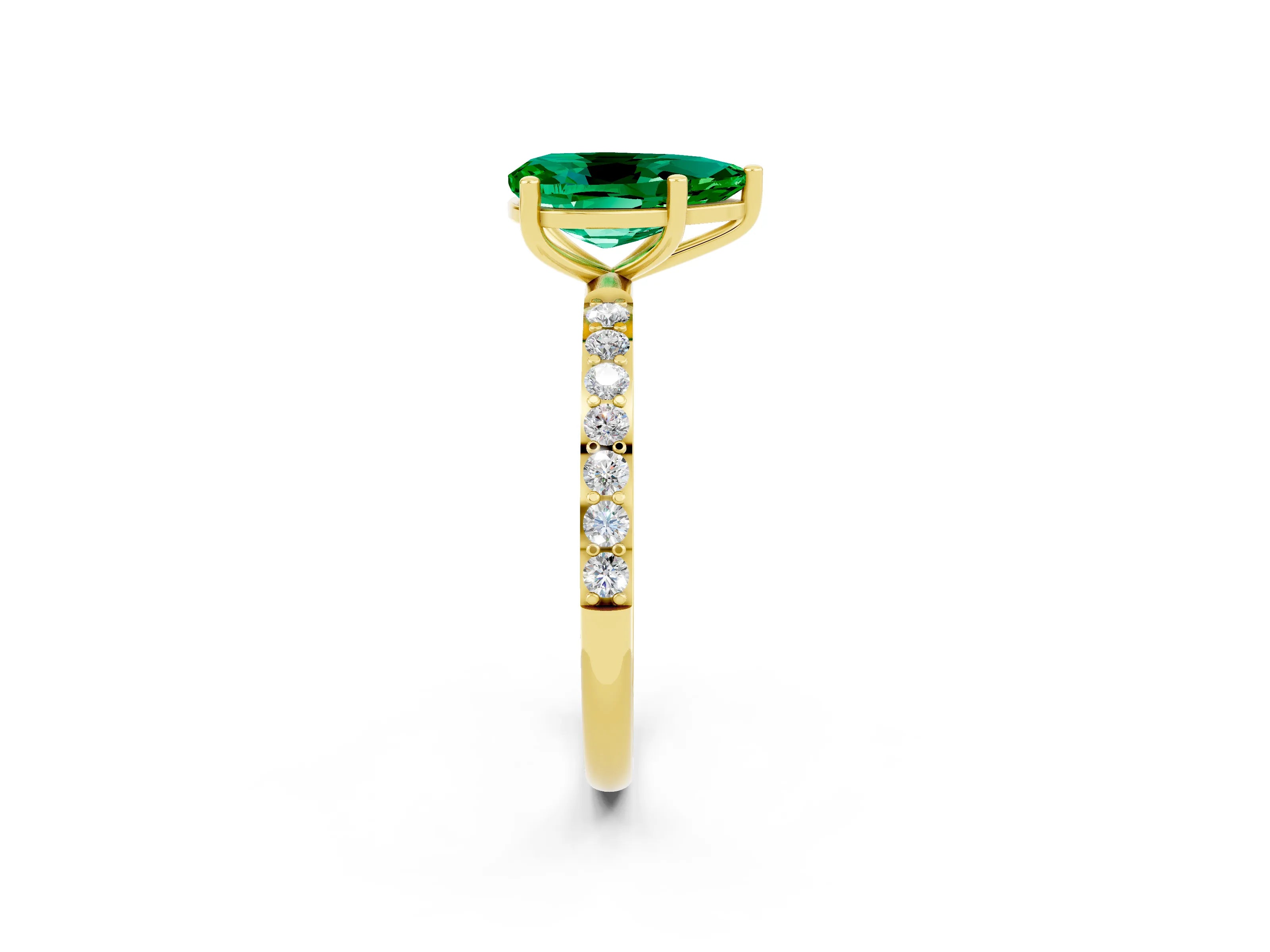 Yellow gold Pear Cut Emerald Solitaire Ring with Pave Band and Four Prong Setting_26