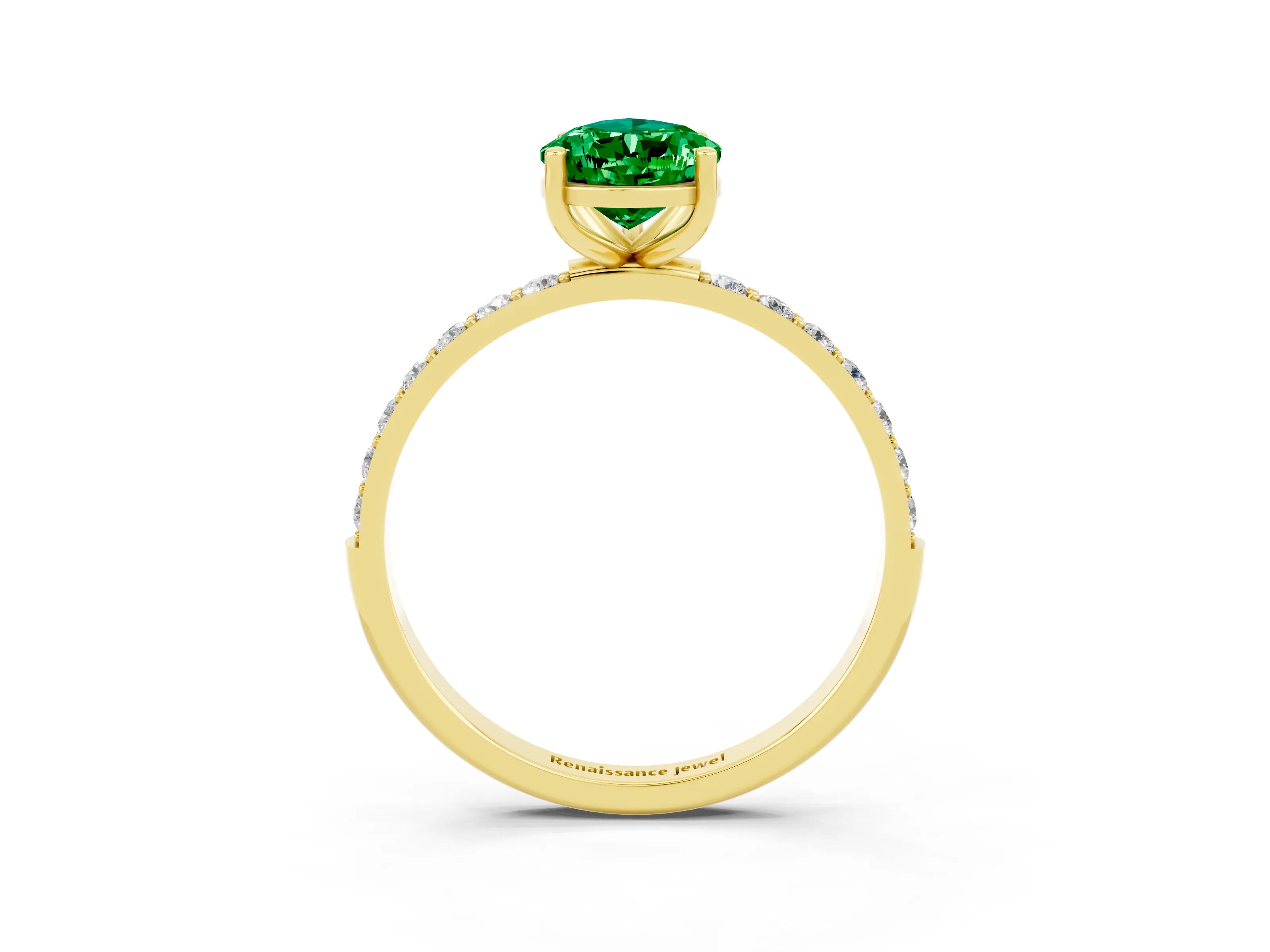 Yellow gold Pear Cut Emerald Solitaire Ring with Pave Band and Four Prong Setting_27