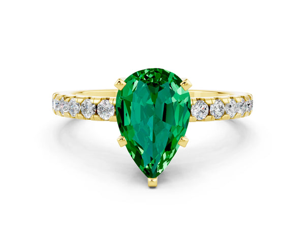 Yellow gold Pear Cut Emerald Solitaire Ring with Round  Pavé Band and Four-Prong Setting