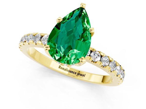 Yellow gold Pear Cut Emerald Solitaire Ring with Round  Pavé Band and Four-Prong Setting
