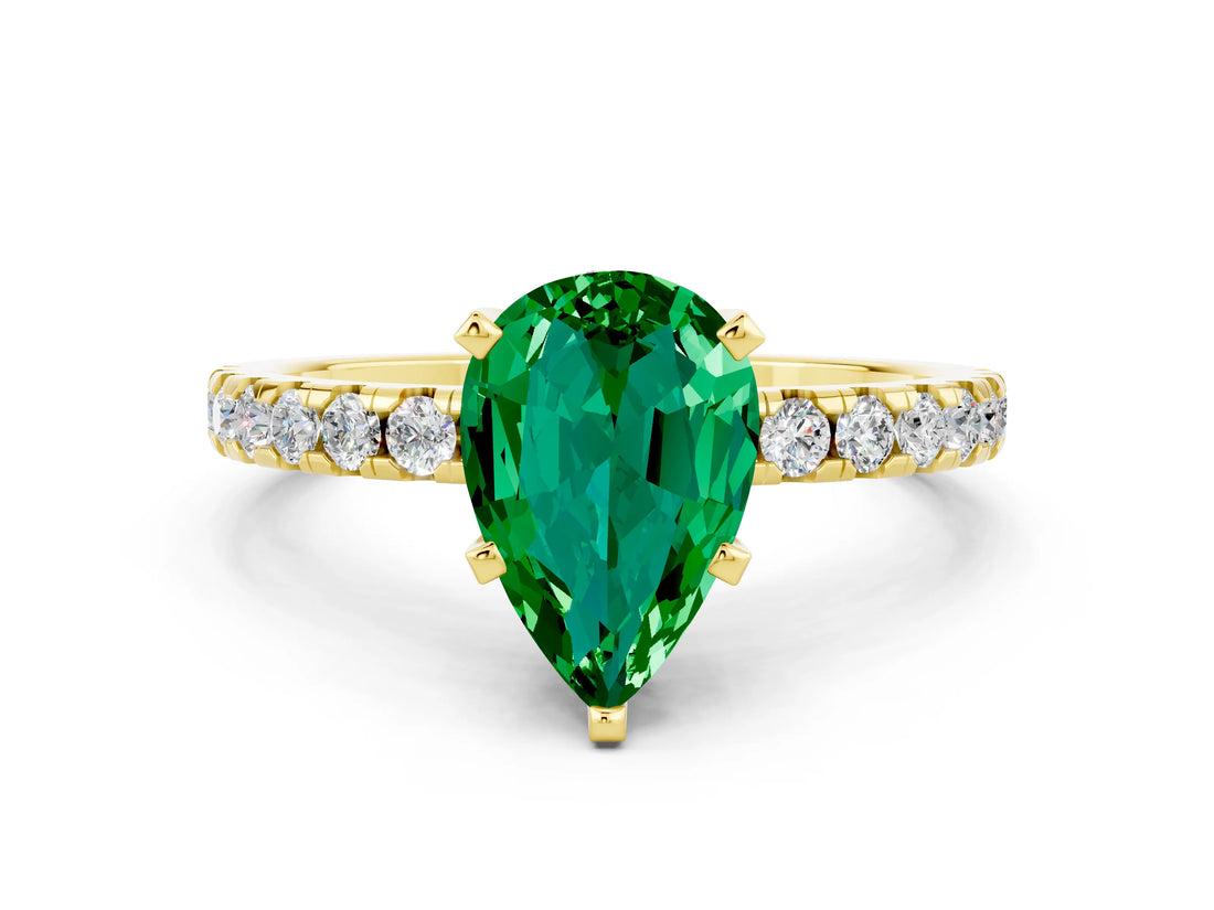 Yellow gold Pear Cut Emerald Solitaire Ring with Round  Pavé Band and Four-Prong Setting_36