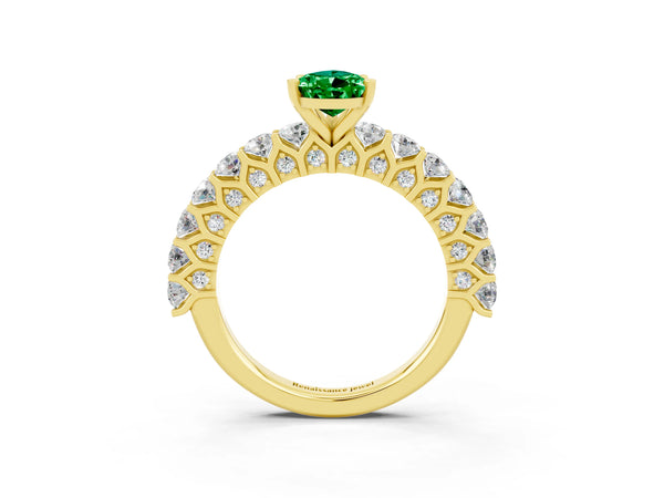 Yellow gold Pear Cut Emerald Solitaire Ring with Shared Prong Pavé Band and Four-Prong Setting