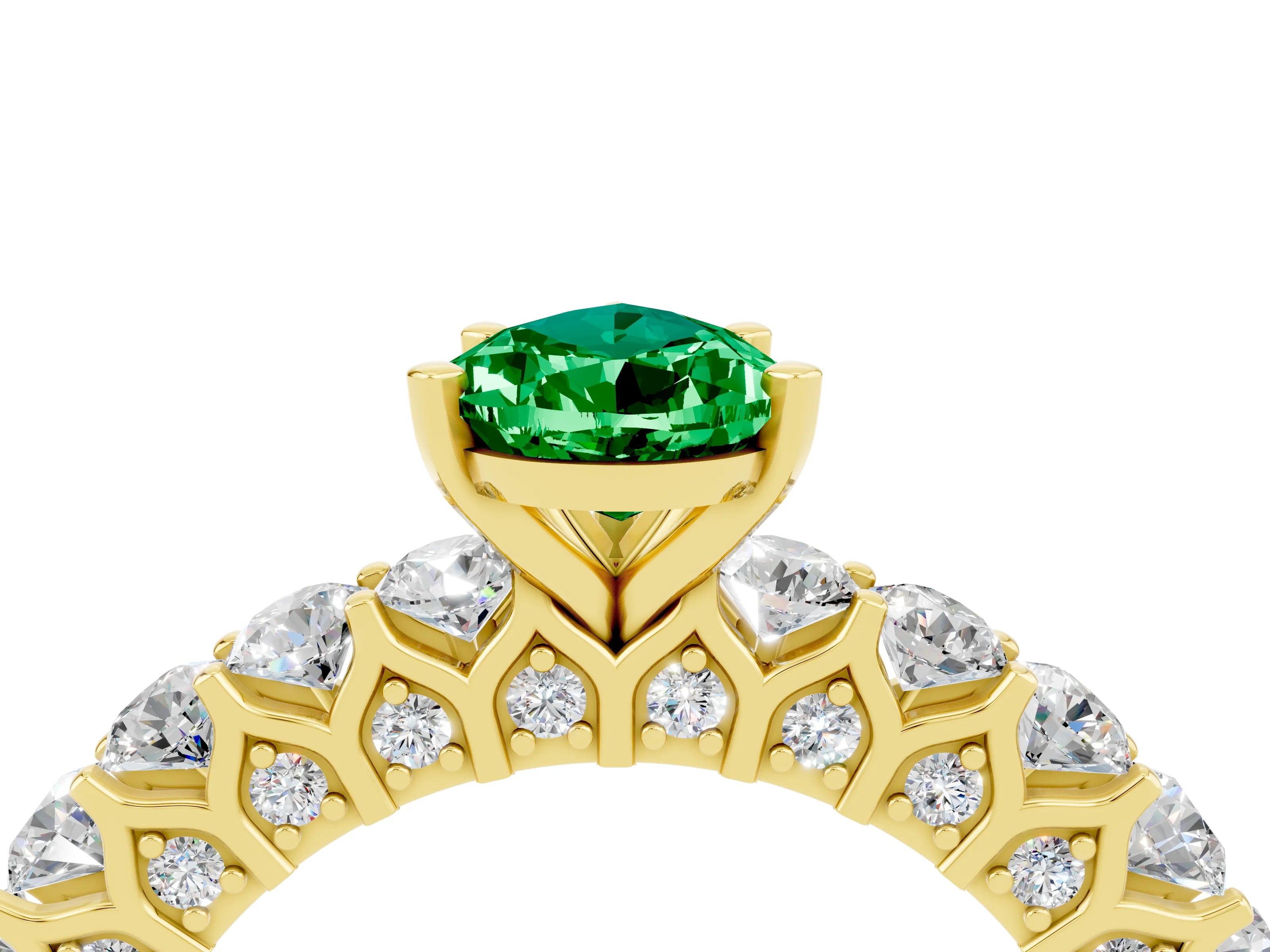 Yellow gold Pear Cut Emerald Solitaire Ring with Shared Prong Pavé Band and Four-Prong Setting_4