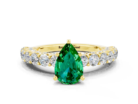 Yellow gold Pear Cut Emerald Solitaire Ring with Shared Prong Pavé Band and Four-Prong Setting