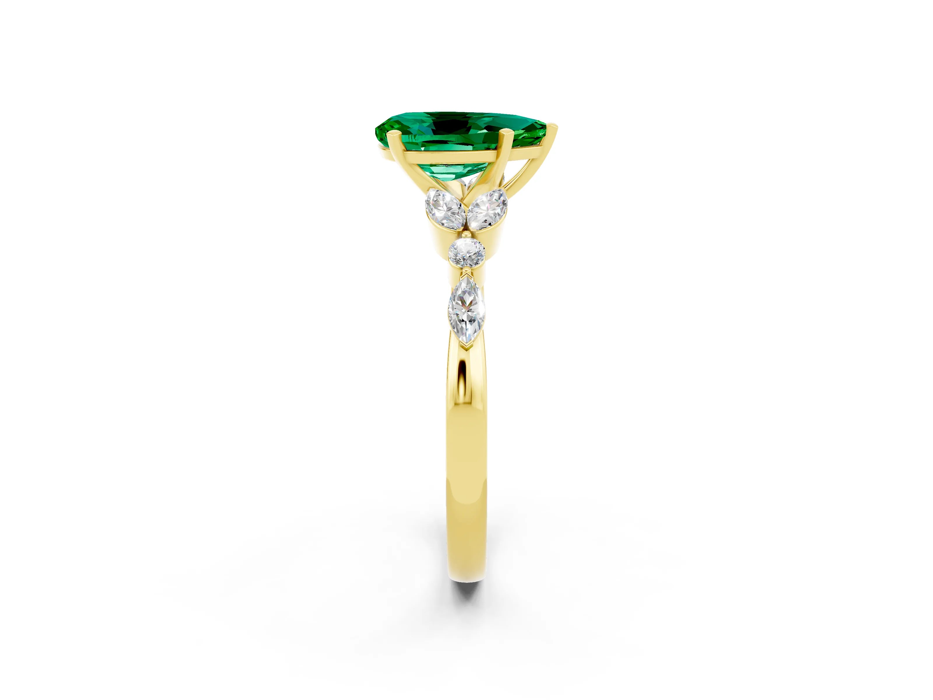 Yellow gold Pear Cut Emerald Solitaire Ring with Side Stones and Four-Prong Setting_14