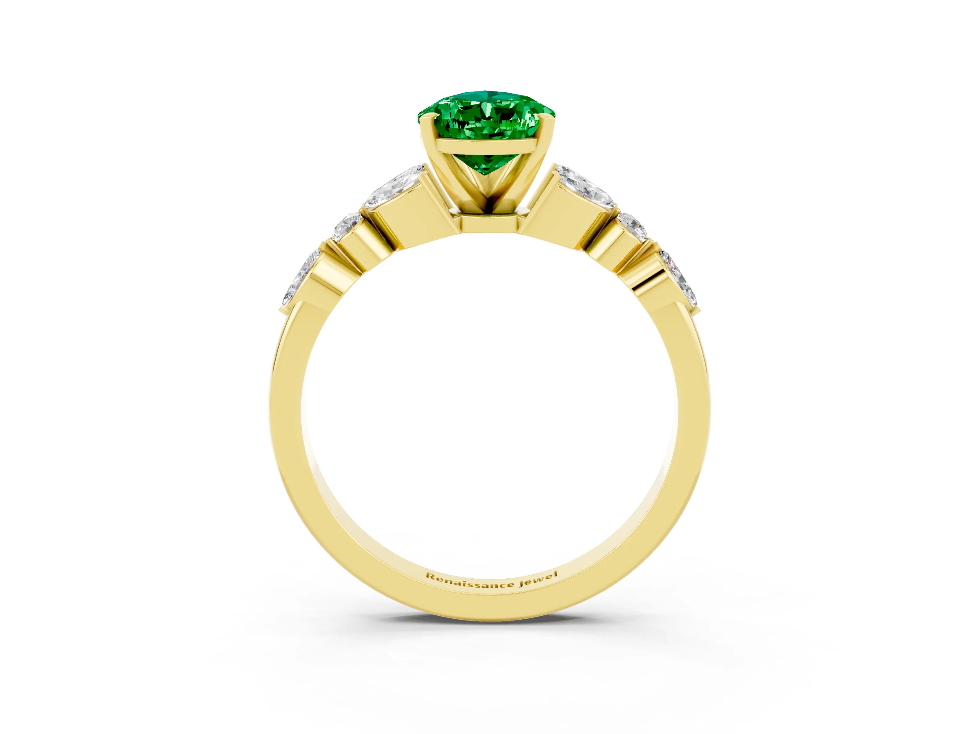 Yellow gold Pear Cut Emerald Solitaire Ring with Side Stones and Four-Prong Setting_15