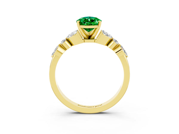 Yellow gold Pear Cut Emerald Solitaire Ring with Side Stones and Four-Prong Setting