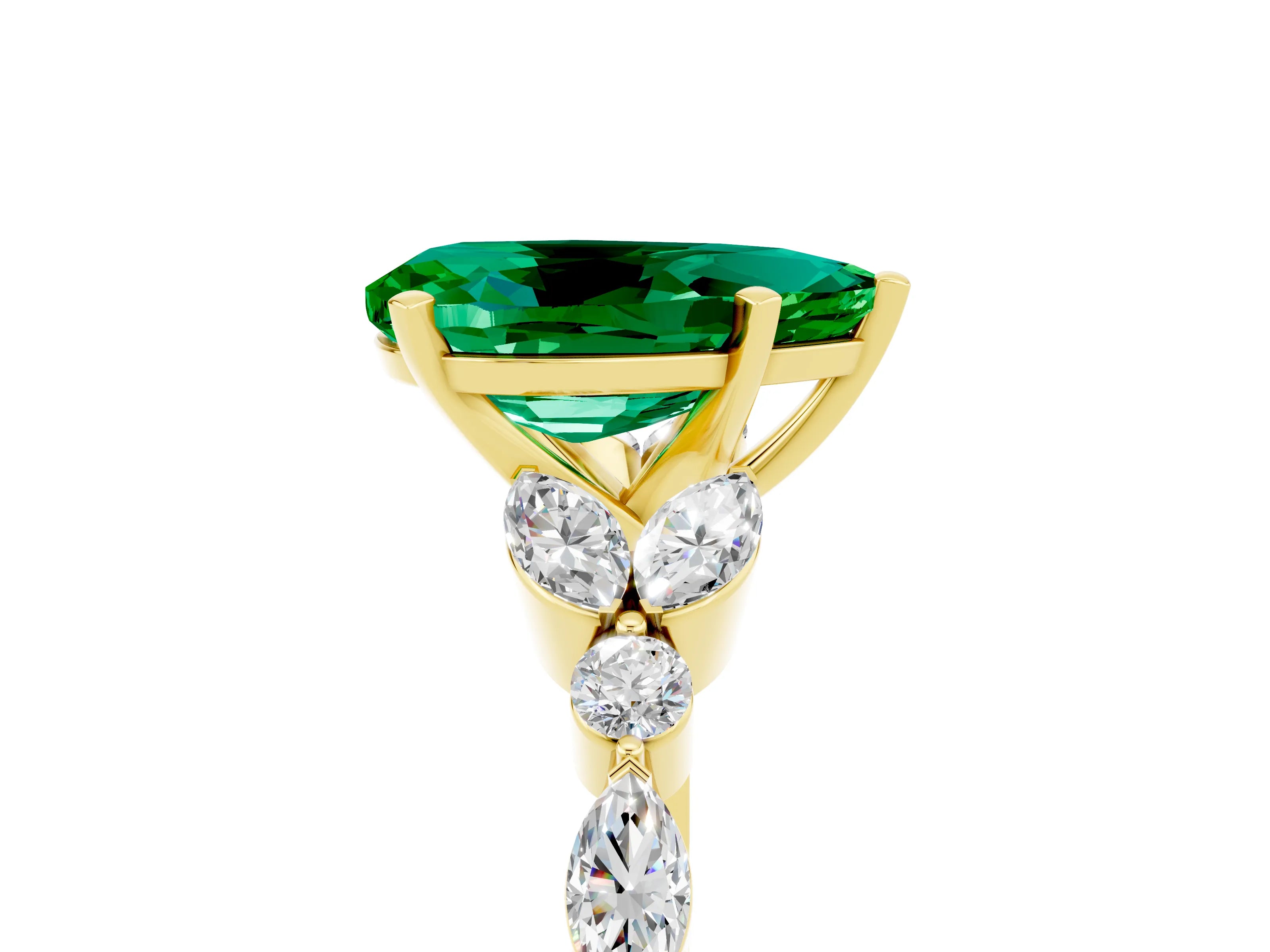 Yellow gold Pear Cut Emerald Solitaire Ring with Side Stones and Four-Prong Setting_17