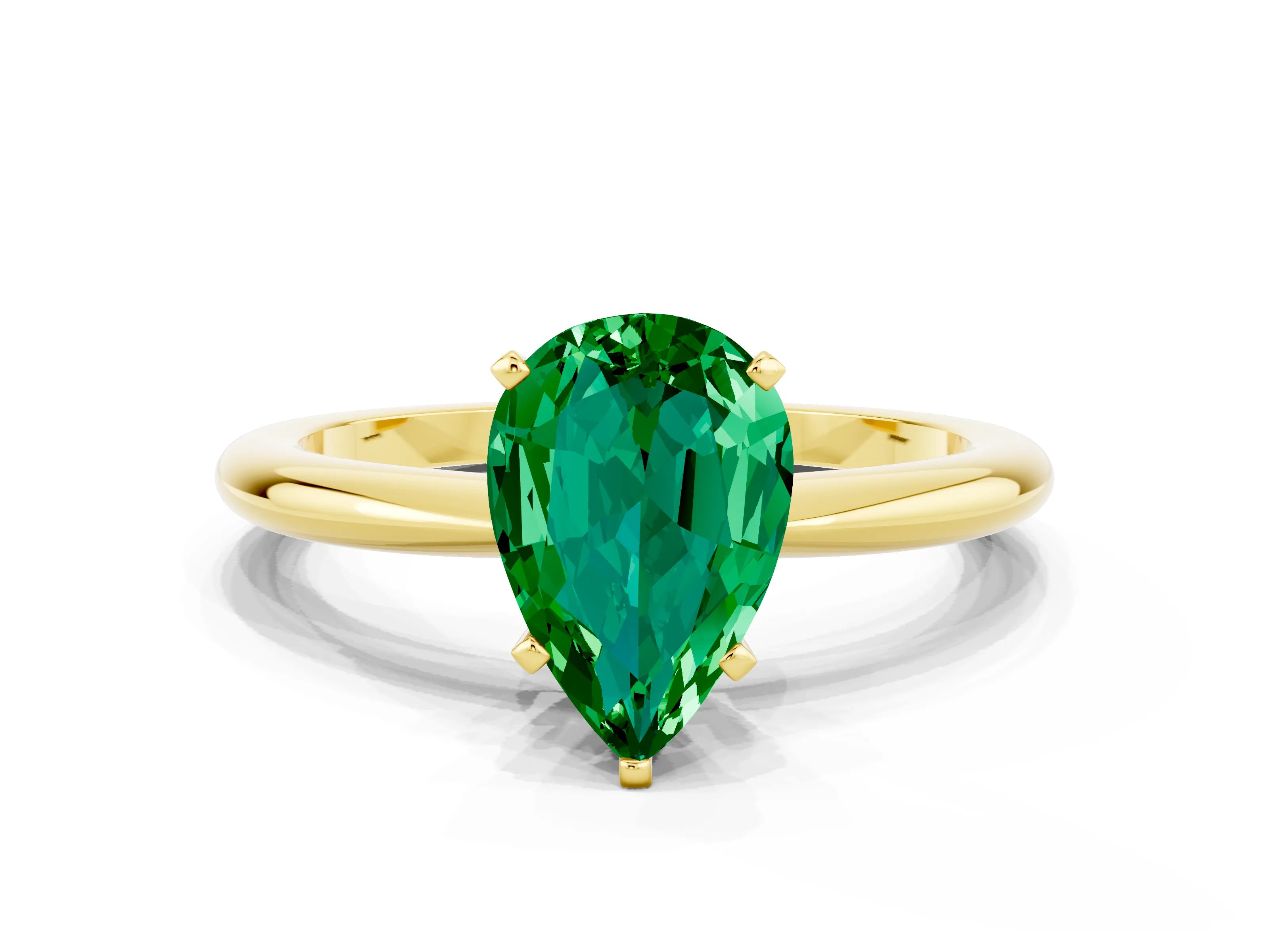 Yellow gold Pear Cut Emerald Solitaire Ring with Six-Prong Setting and Classic Band