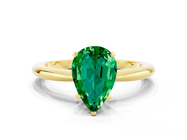 Yellow gold Pear Cut Emerald Solitaire Ring with Six-Prong Setting and Classic Band