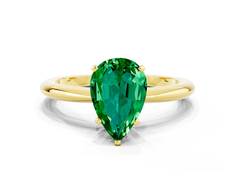 Yellow gold Pear Cut Emerald Solitaire Ring with Six-Prong Setting and Classic Band