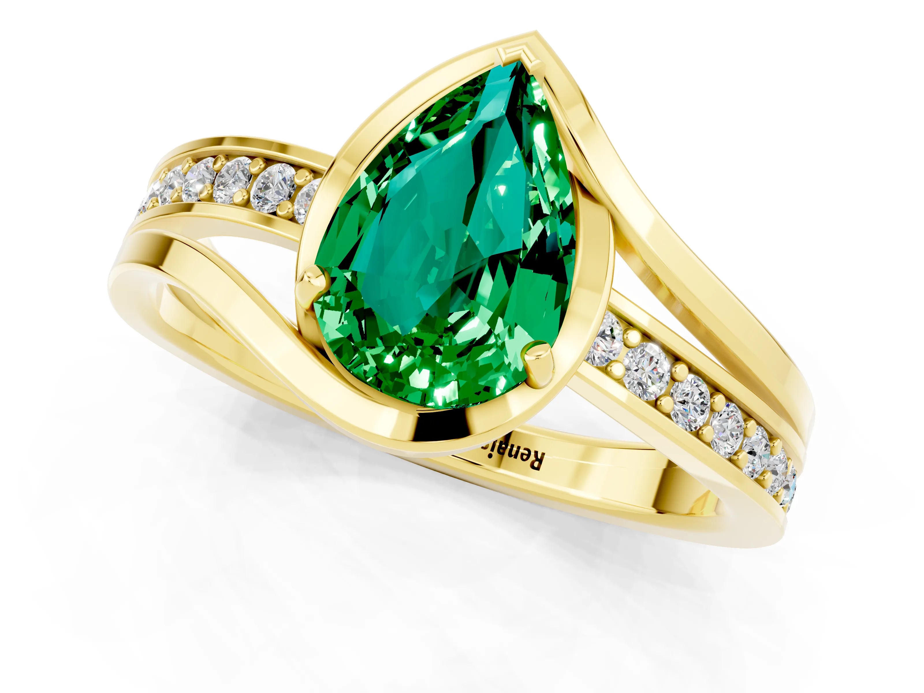 Yellow gold Pear Cut Emerald Solitaire Ring with Split Shank and Prong Setting_1