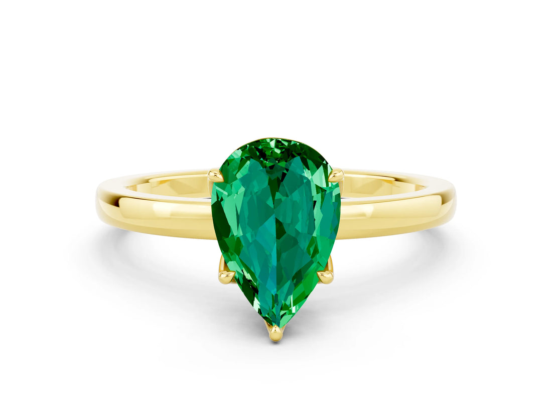 Yellow gold Pear Cut Emerald Solitaire Ring with Thin Band and Prong Setting_12
