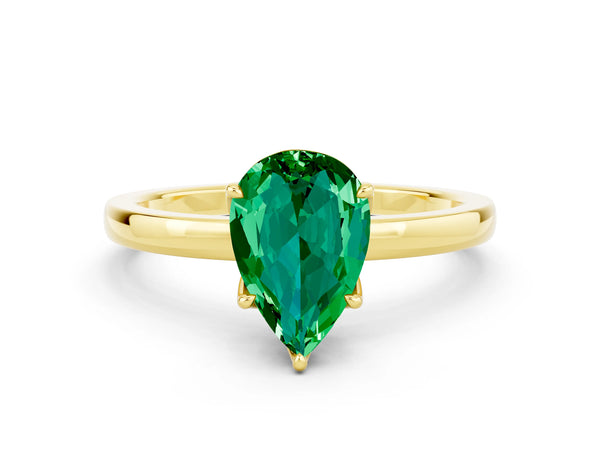 Yellow gold Pear Cut Emerald Solitaire Ring with Thin Band and Prong Setting
