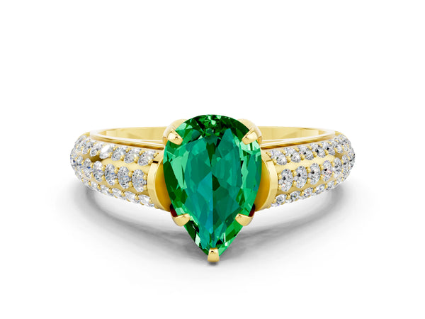 Yellow gold Pear Cut Emerald Solitaire Ring with Three-Row Pavé Band and Four-Prong Setting