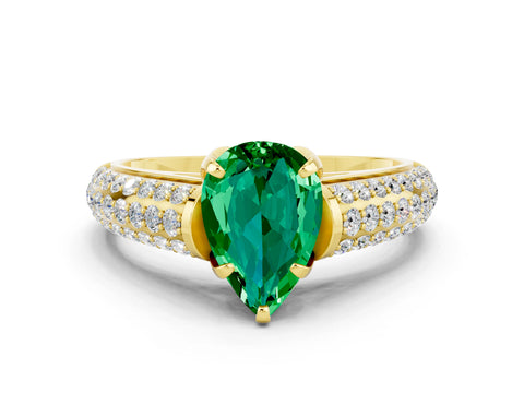 Yellow gold Pear Cut Emerald Solitaire Ring with Three-Row Pavé Band and Four-Prong Setting_12