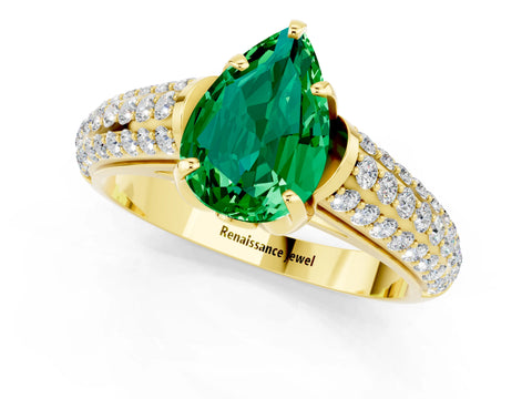 Yellow gold Pear Cut Emerald Solitaire Ring with Three-Row Pavé Band and Four-Prong Setting_13
