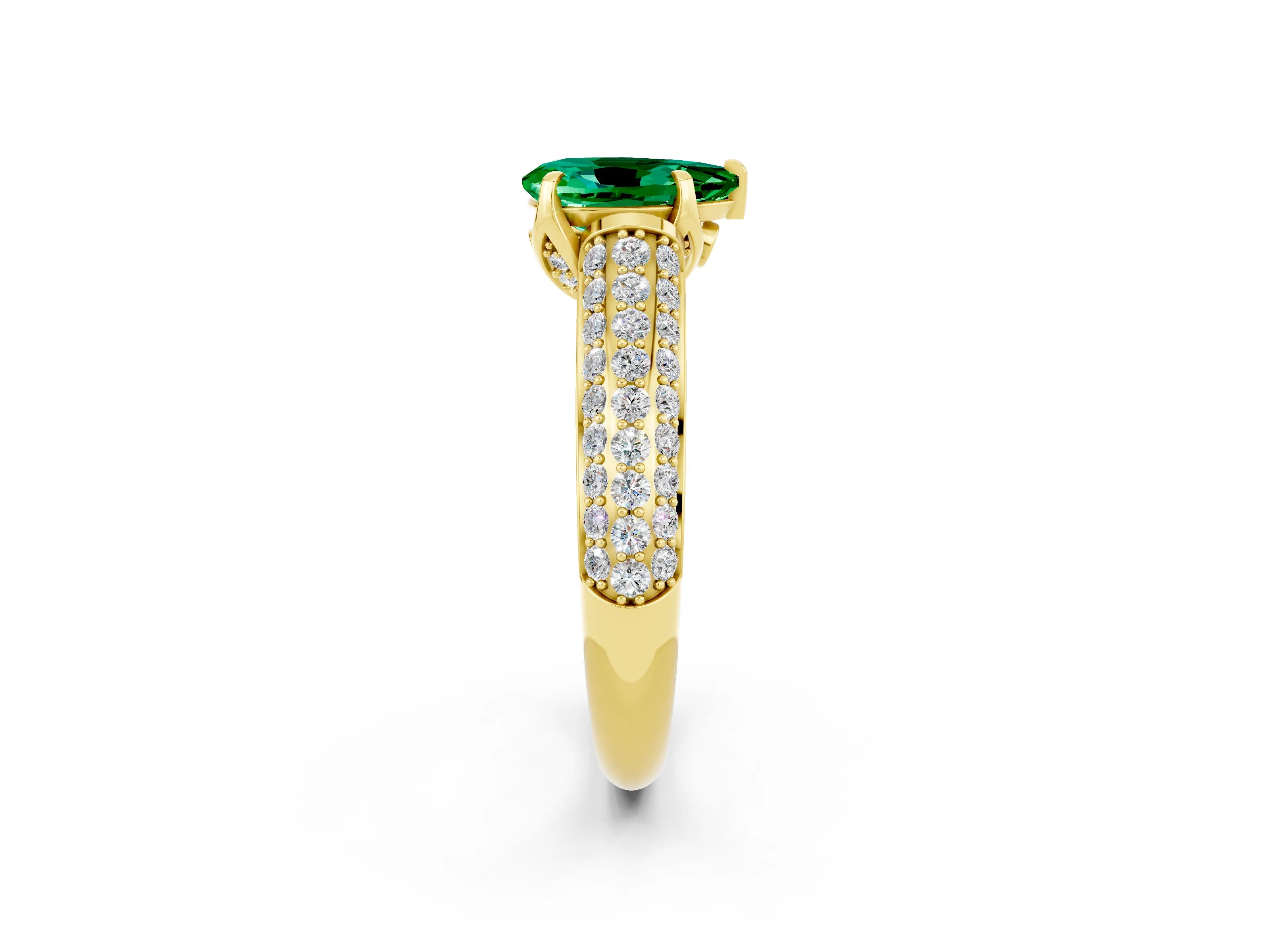 Yellow gold Pear Cut Emerald Solitaire Ring with Three-Row Pavé Band and Four-Prong Setting_14