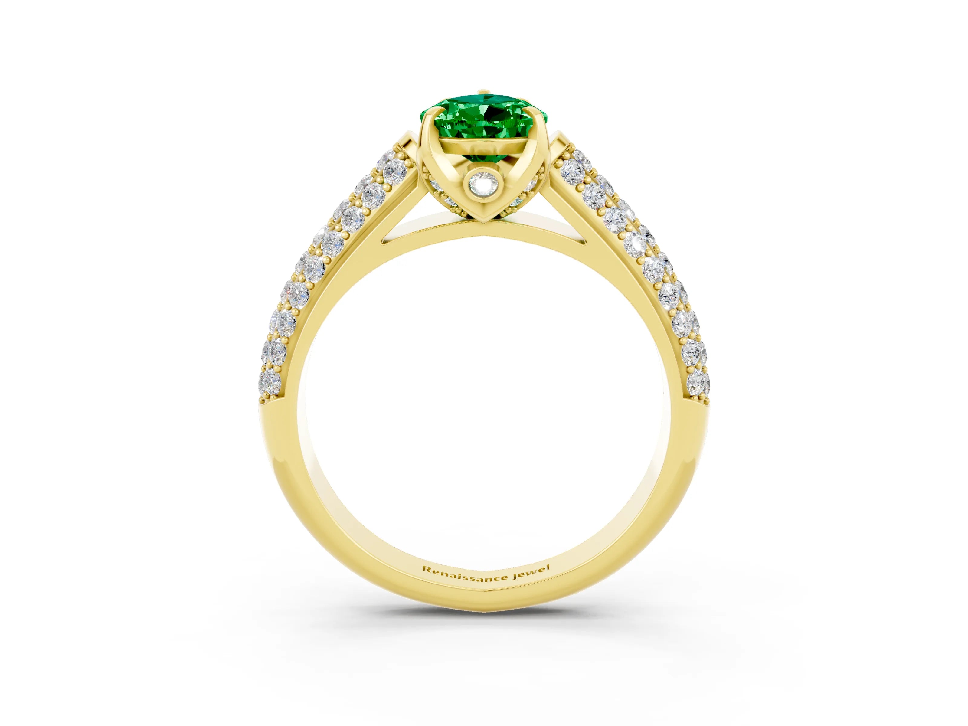 Yellow gold Pear Cut Emerald Solitaire Ring with Three-Row Pavé Band and Four-Prong Setting_15