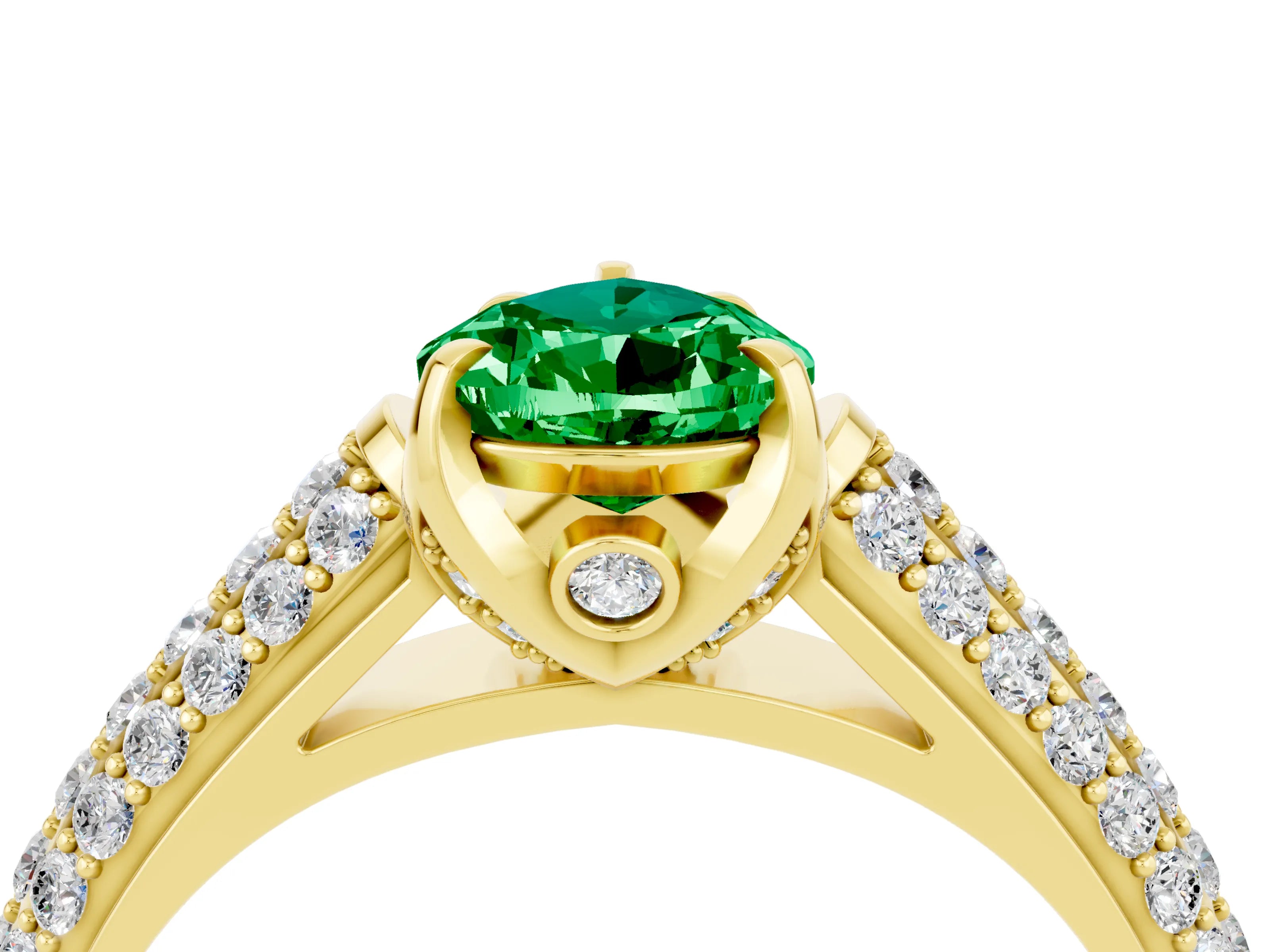 Yellow gold Pear Cut Emerald Solitaire Ring with Three-Row Pavé Band and Four-Prong Setting_16