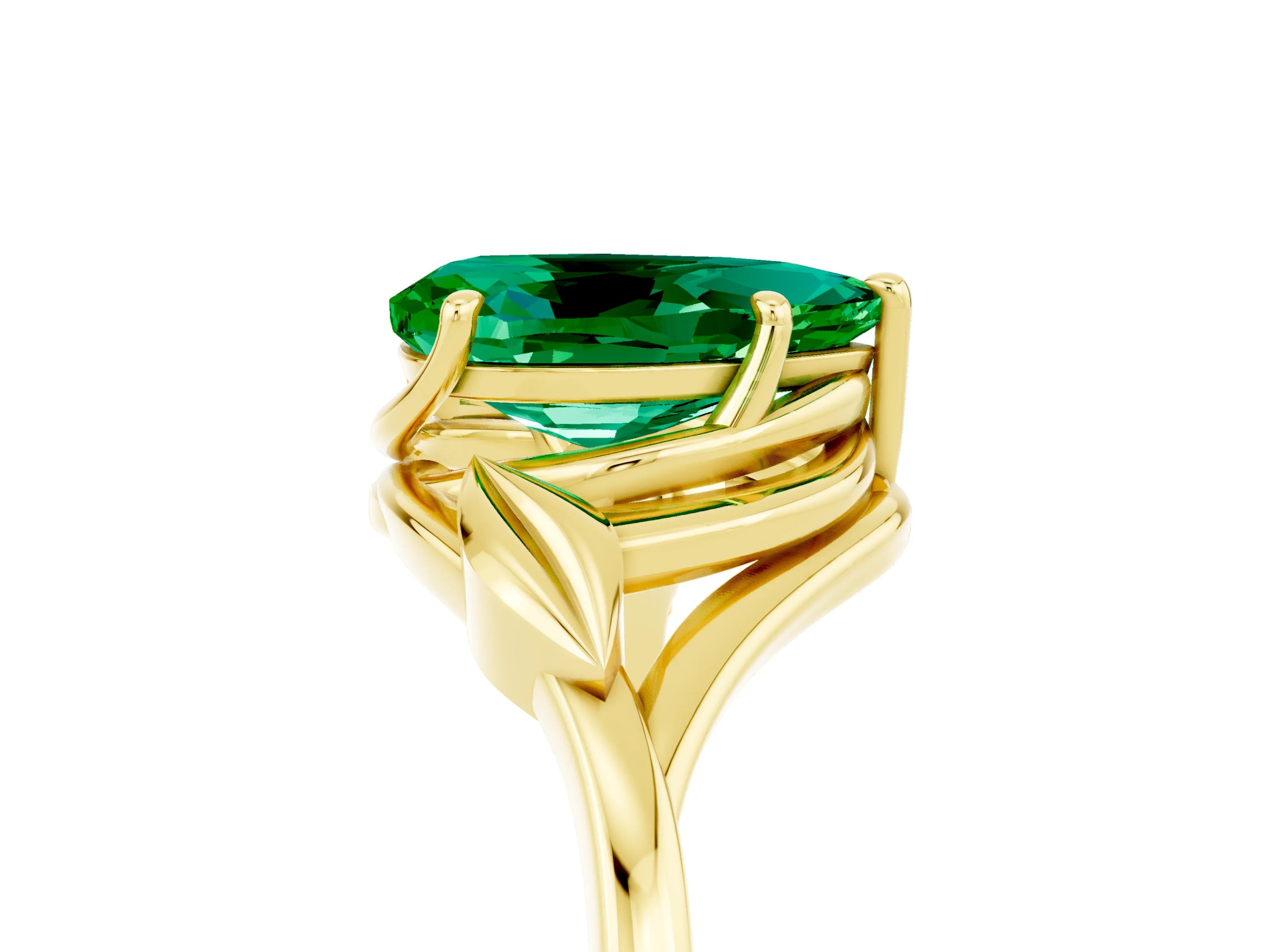 Yellow gold Pear Cut Emerald Solitaire Ring with Twist Band and Four-Prong Setting_29