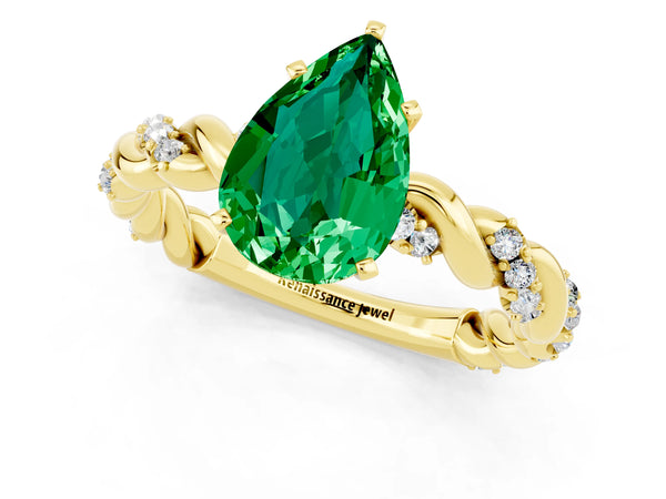 Yellow gold Pear Cut Emerald Solitaire Ring with Twisted Band and Pavé Accents