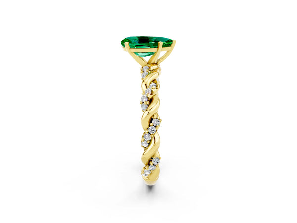 Yellow gold Pear Cut Emerald Solitaire Ring with Twisted Band and Pavé Accents
