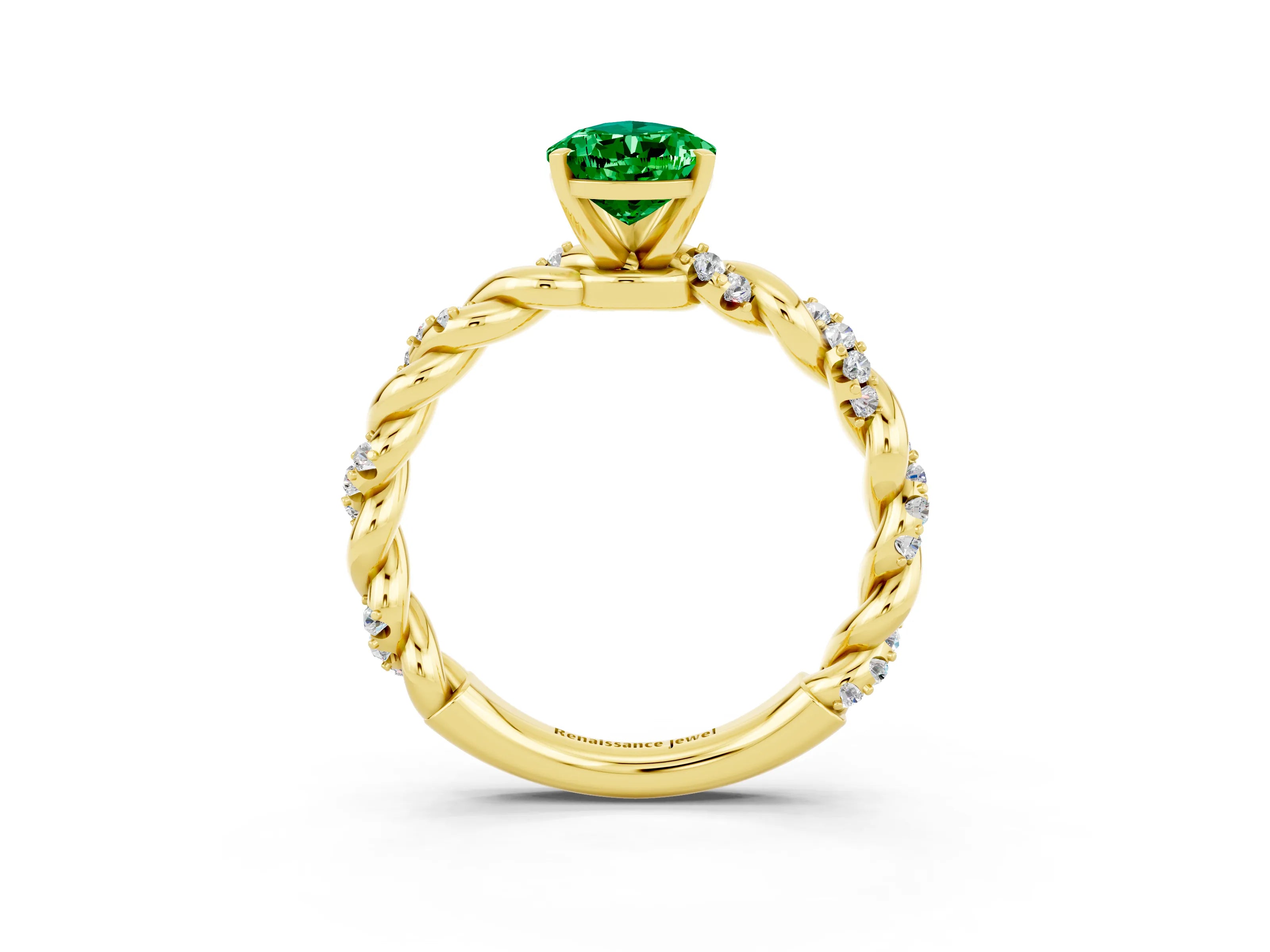 Yellow gold Pear Cut Emerald Solitaire Ring with Twisted Band and Pavé Accents_3