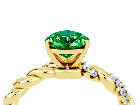 Yellow gold Pear Cut Emerald Solitaire Ring with Twisted Band and Pavé Accents_4