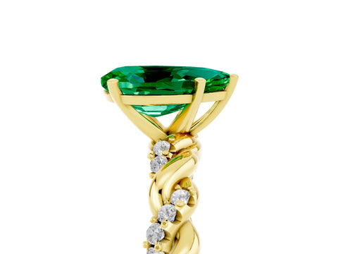 Yellow gold Pear Cut Emerald Solitaire Ring with Twisted Band and Pavé Accents_5