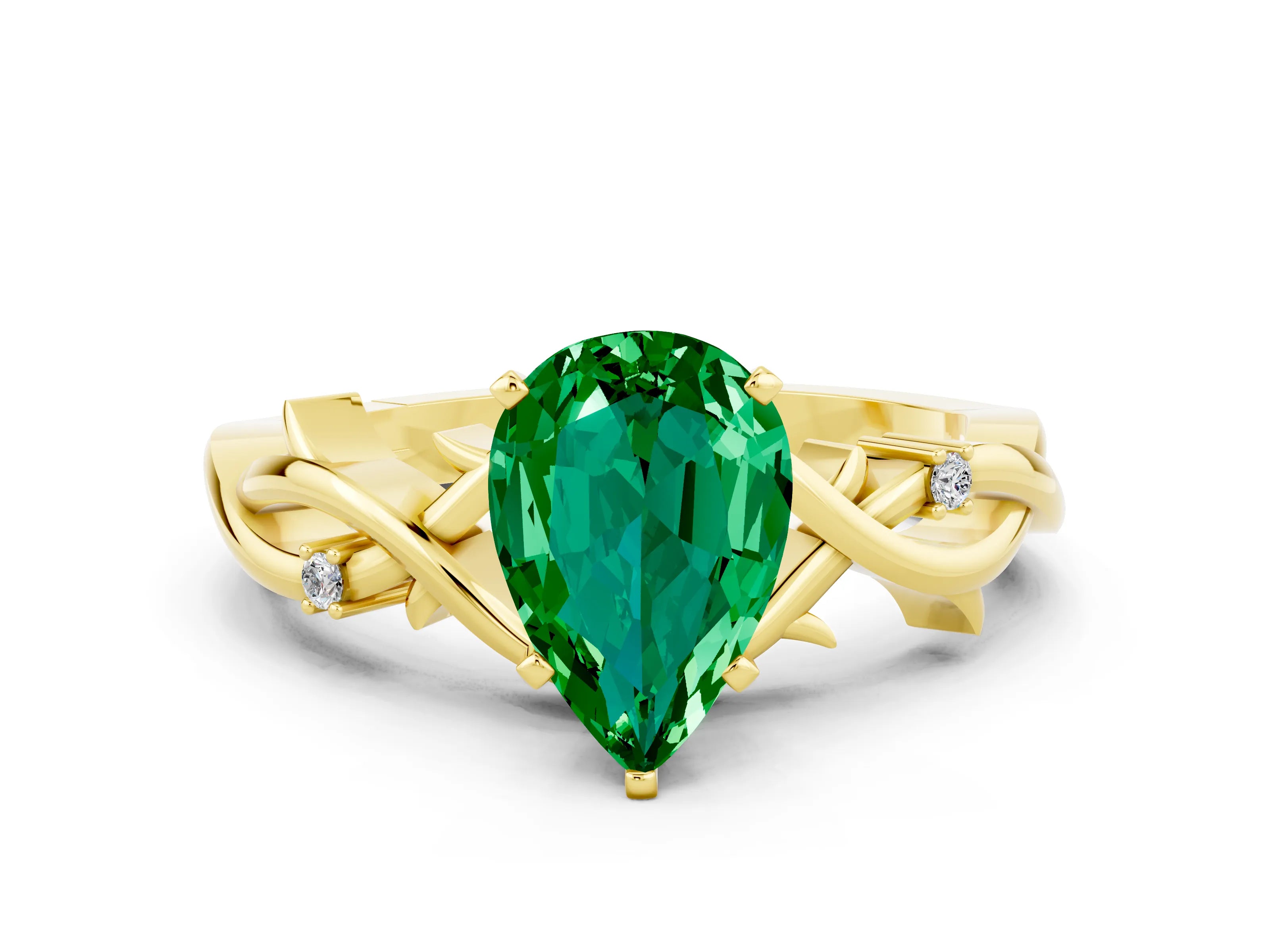 Yellow gold Pear Cut Emerald Solitaire Ring with Twisted Band and Prong Setting