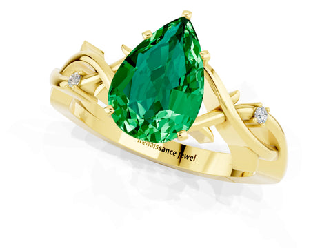 Yellow gold Pear Cut Emerald Solitaire Ring with Twisted Band and Prong Setting_1