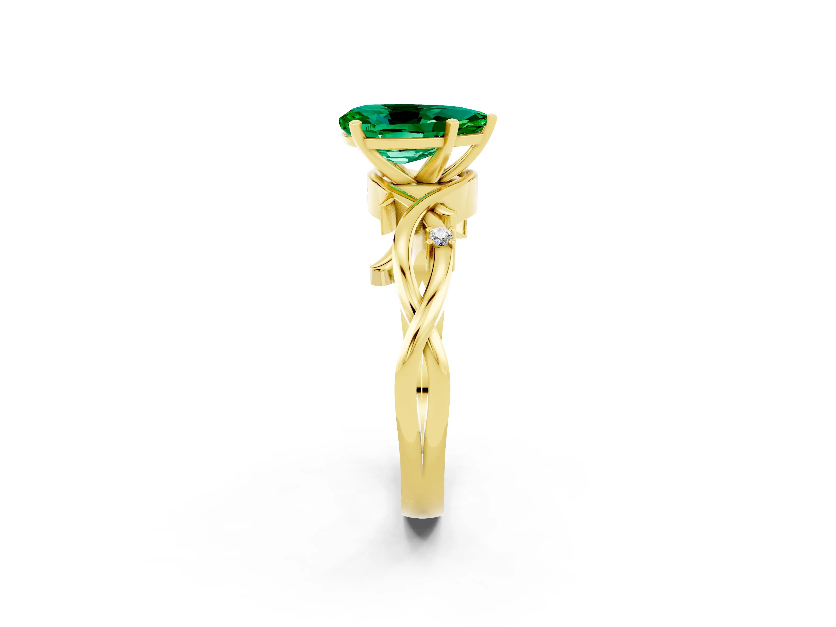 Yellow gold Pear Cut Emerald Solitaire Ring with Twisted Band and Prong Setting_2