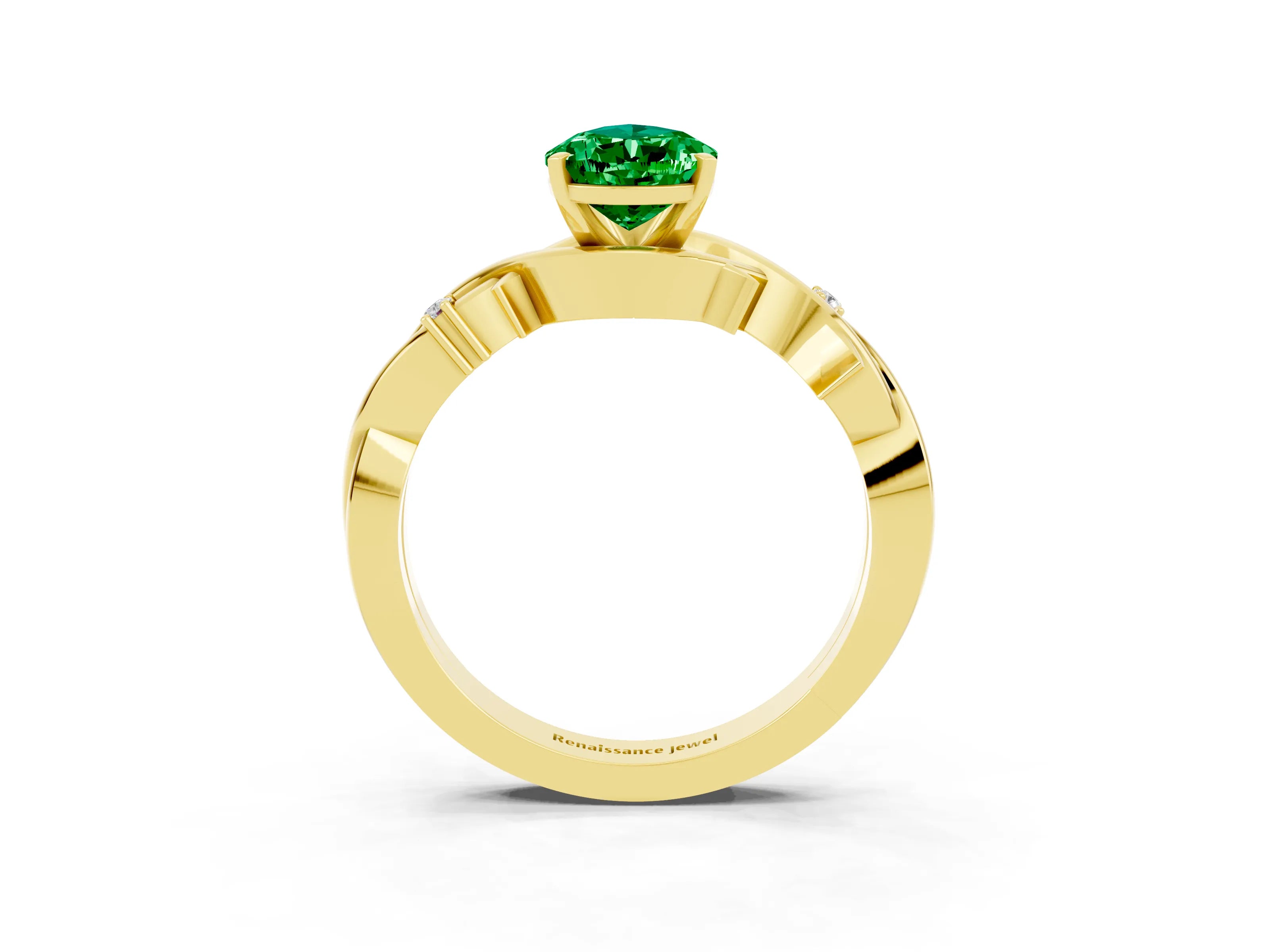 Yellow gold Pear Cut Emerald Solitaire Ring with Twisted Band and Prong Setting_3