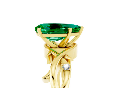 Yellow gold Pear Cut Emerald Solitaire Ring with Twisted Band and Prong Setting_5