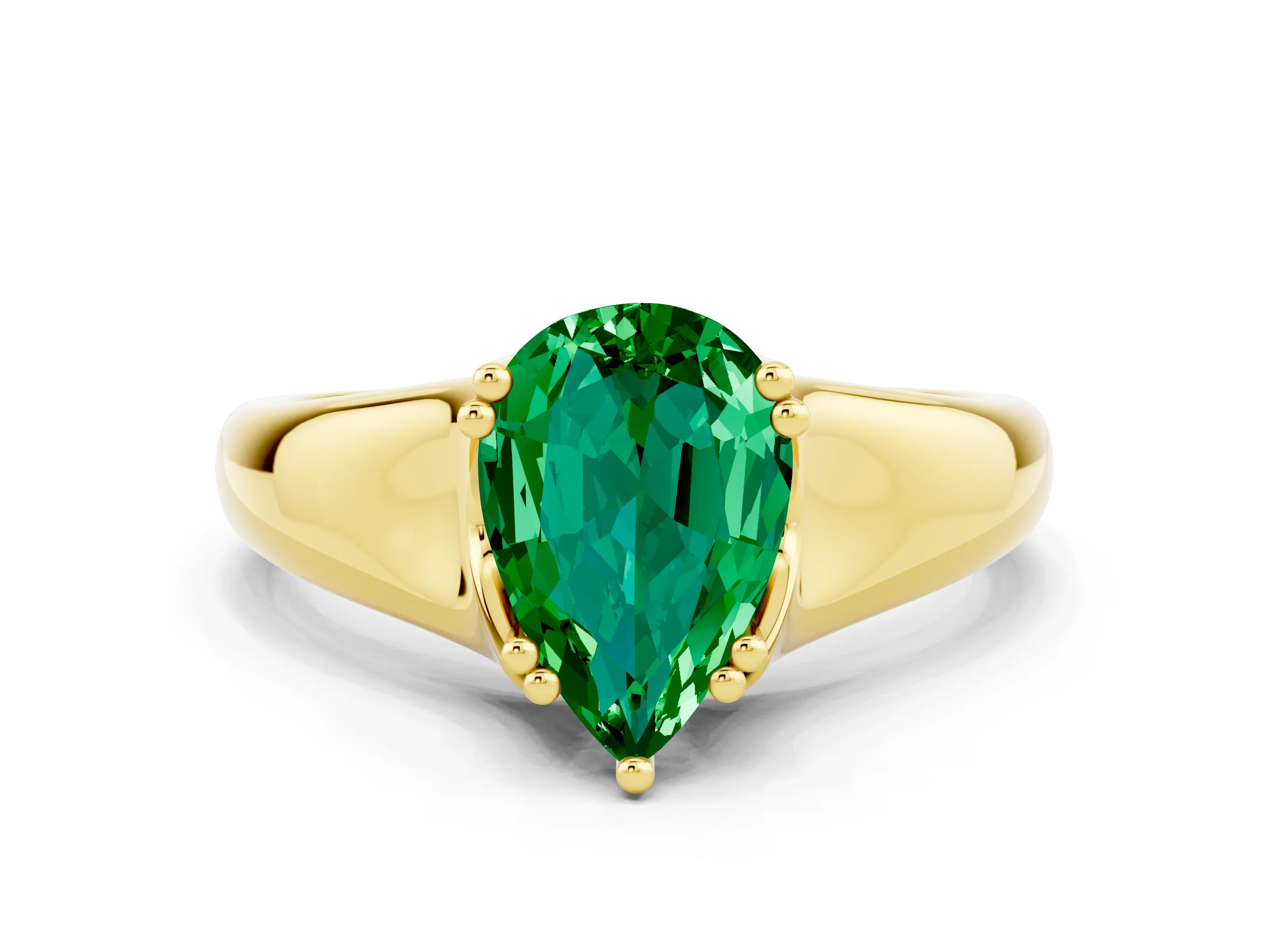 Yellow gold Pear Cut Emerald Solitaire Ring with Wide Band and Prong Setting