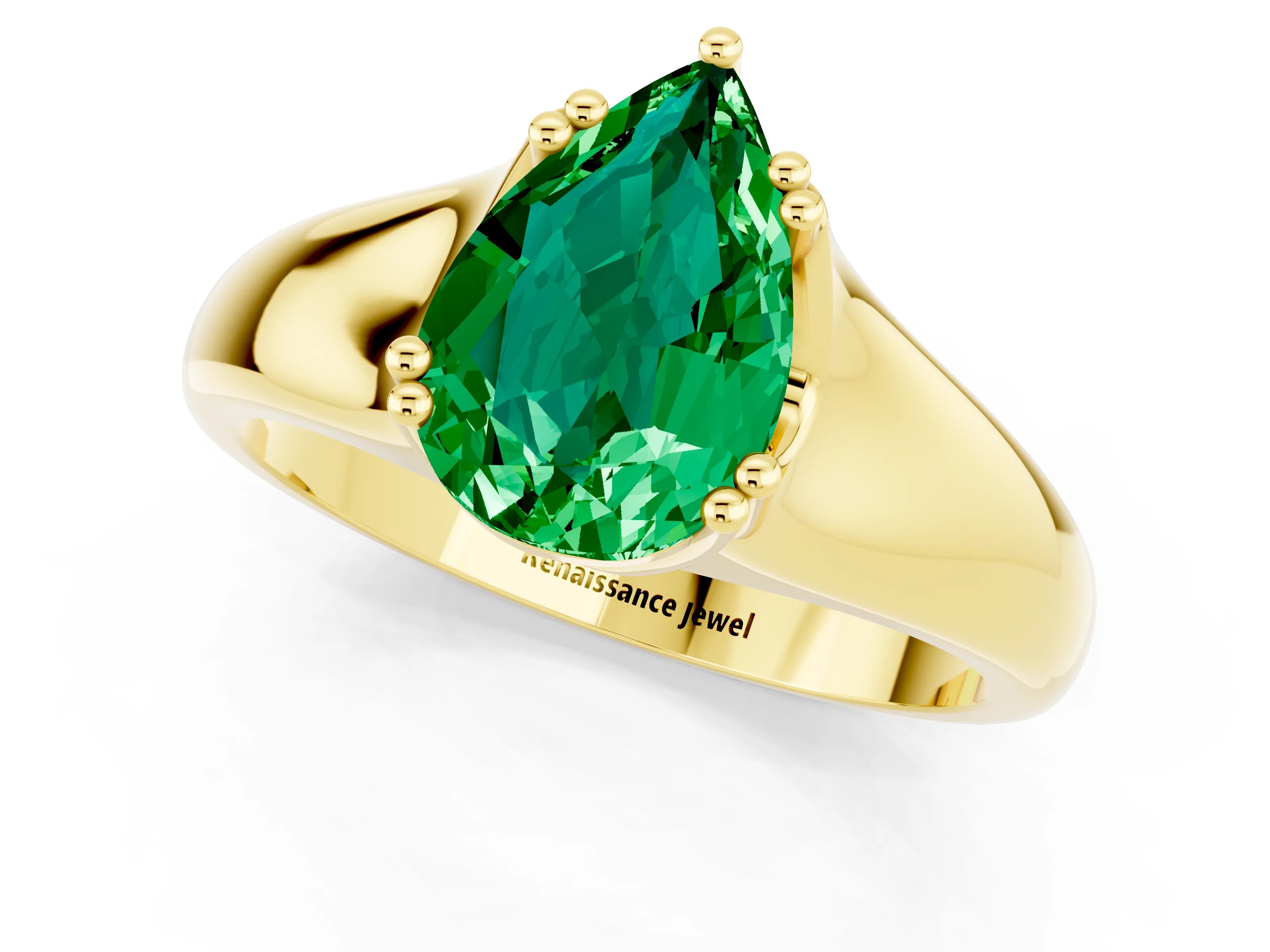 Yellow gold Pear Cut Emerald Solitaire Ring with Wide Band and Prong Setting_1