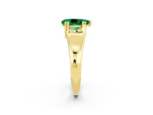 Yellow gold Pear Cut Emerald Solitaire Ring with Wide Band and Prong Setting