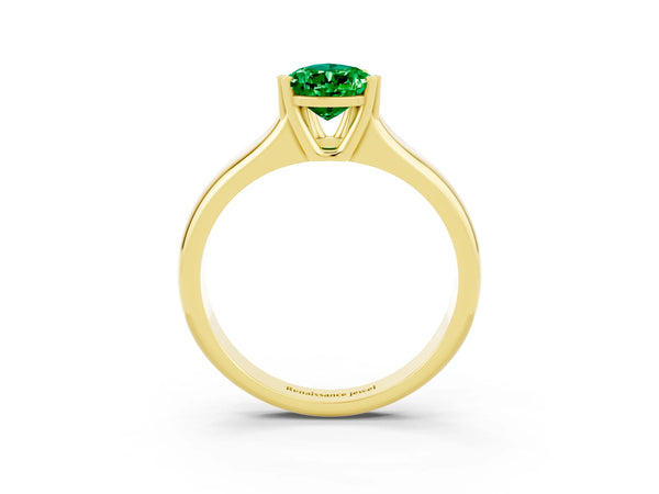 Yellow gold Pear Cut Emerald Solitaire Ring with Wide Band and Prong Setting