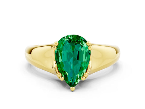 Yellow gold Pear Cut Emerald Solitaire Ring with Wide Band and Prong Setting